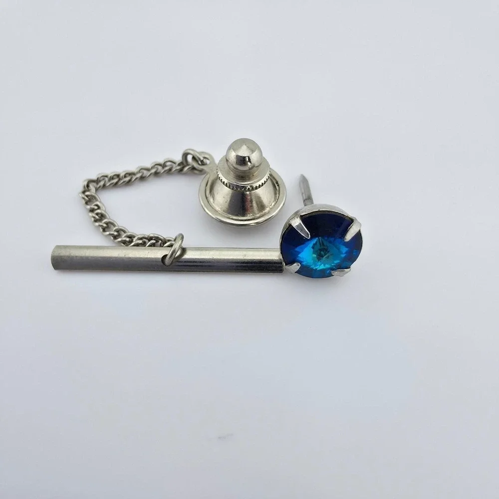 Vtg 1970's Tie Tack Pin Blue Crystal Rivoli Cut Buttonhole Barbell Silver Tone
